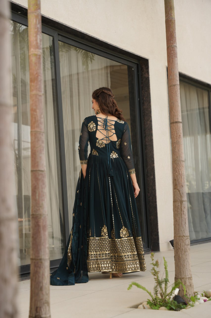Jyoti Fashion Women's Teal Faux Blooming Zari & Sequins Embroidered Anarkali Set With Dupatta | Swadesiicart