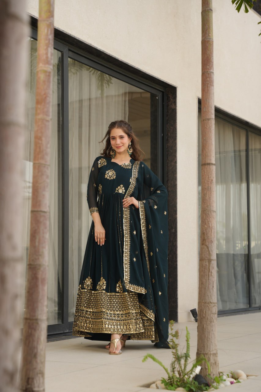 Jyoti Fashion Women's Teal Faux Blooming Zari & Sequins Embroidered Anarkali Set With Dupatta | Swadesiicart
