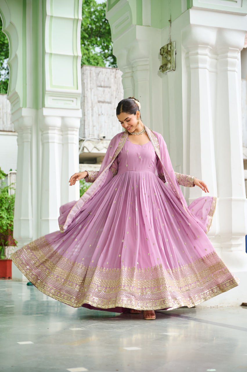 Jyoti Fashion Women's Lavender Faux Georgette Embroidered Designer Anarkali Set With Dupatta | Swadesiicart