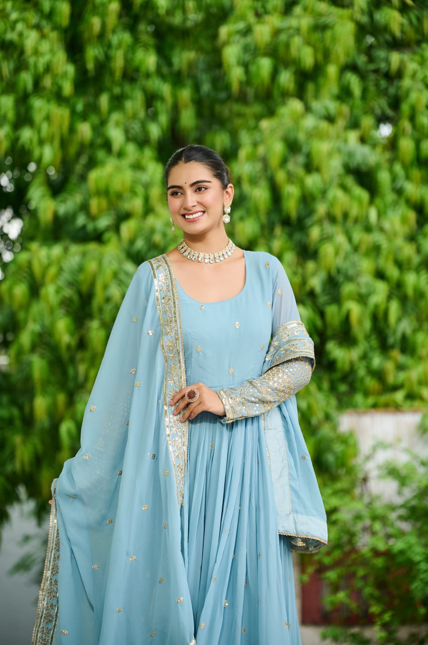 Jyoti Fashion Women's Sky Blue Faux Georgette Embroidered Designer Anarkali Set With Dupatta | Swadesiicart