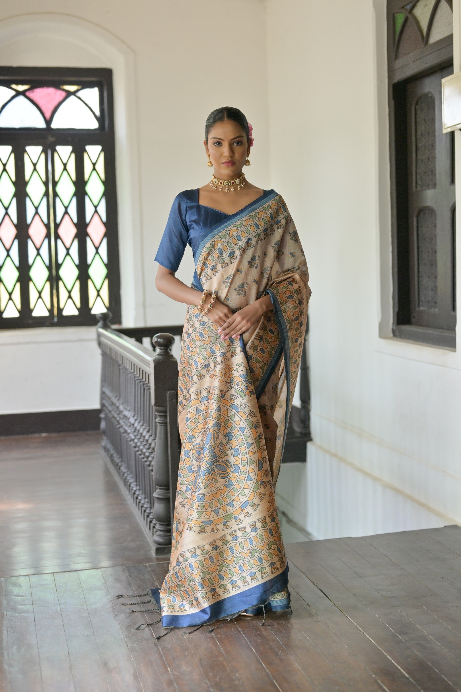 Jyoti Fashion Women's Blue Soft Tussar Silk Printed Designer Saree with Blouse | Swadesiicart