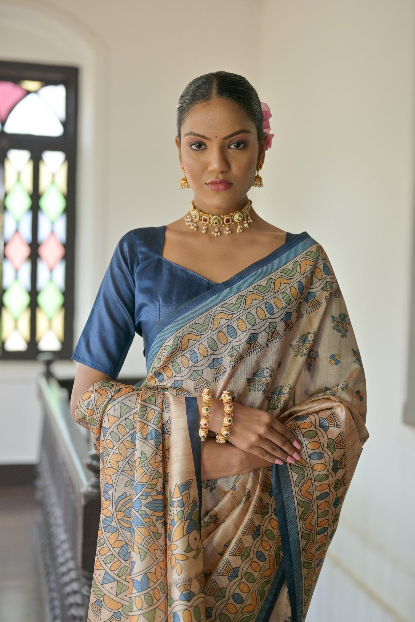 Jyoti Fashion Women's Blue Soft Tussar Silk Printed Designer Saree with Blouse | Swadesiicart