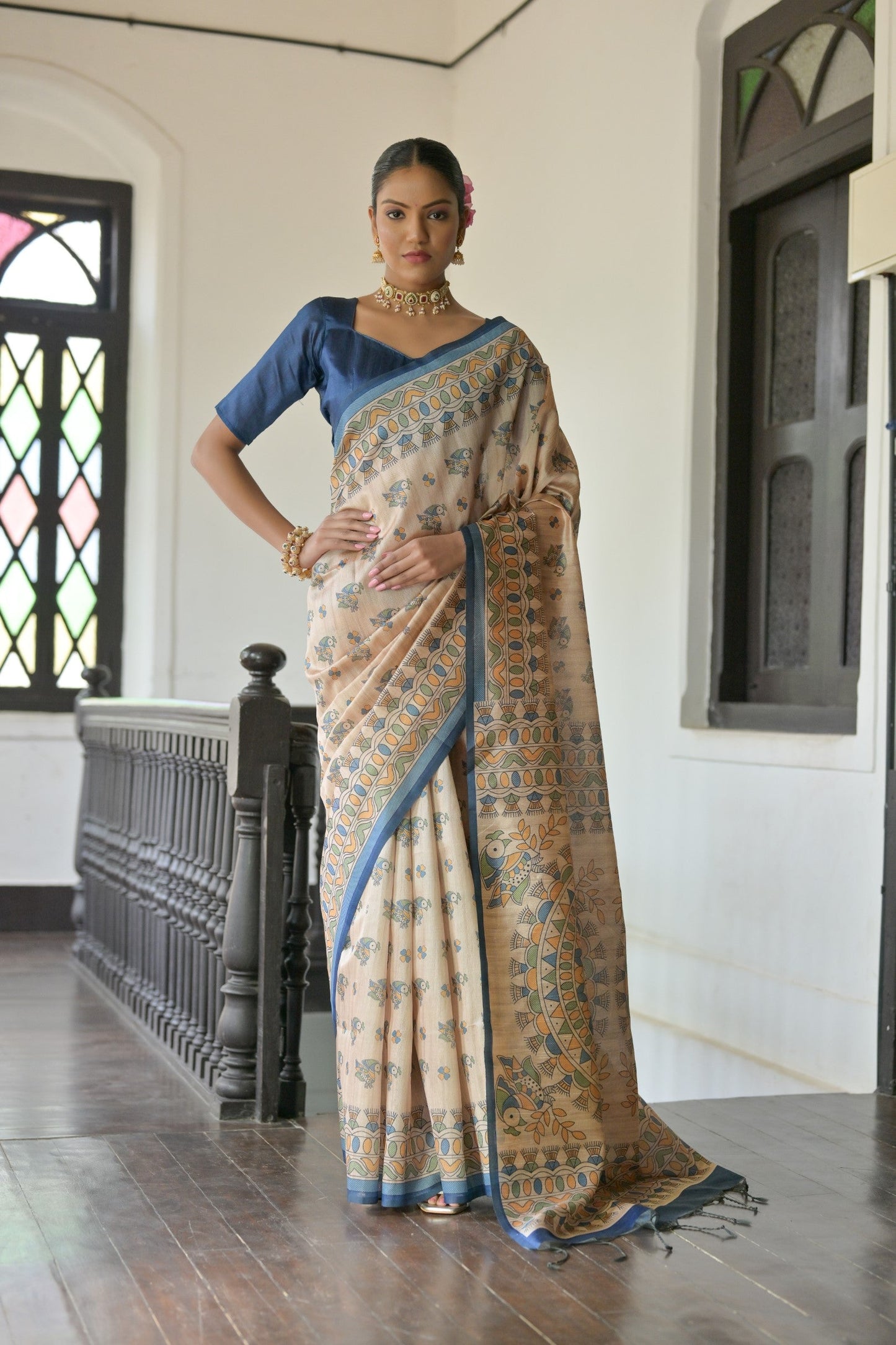 Jyoti Fashion Women's Blue Soft Tussar Silk Printed Designer Saree with Blouse | Swadesiicart