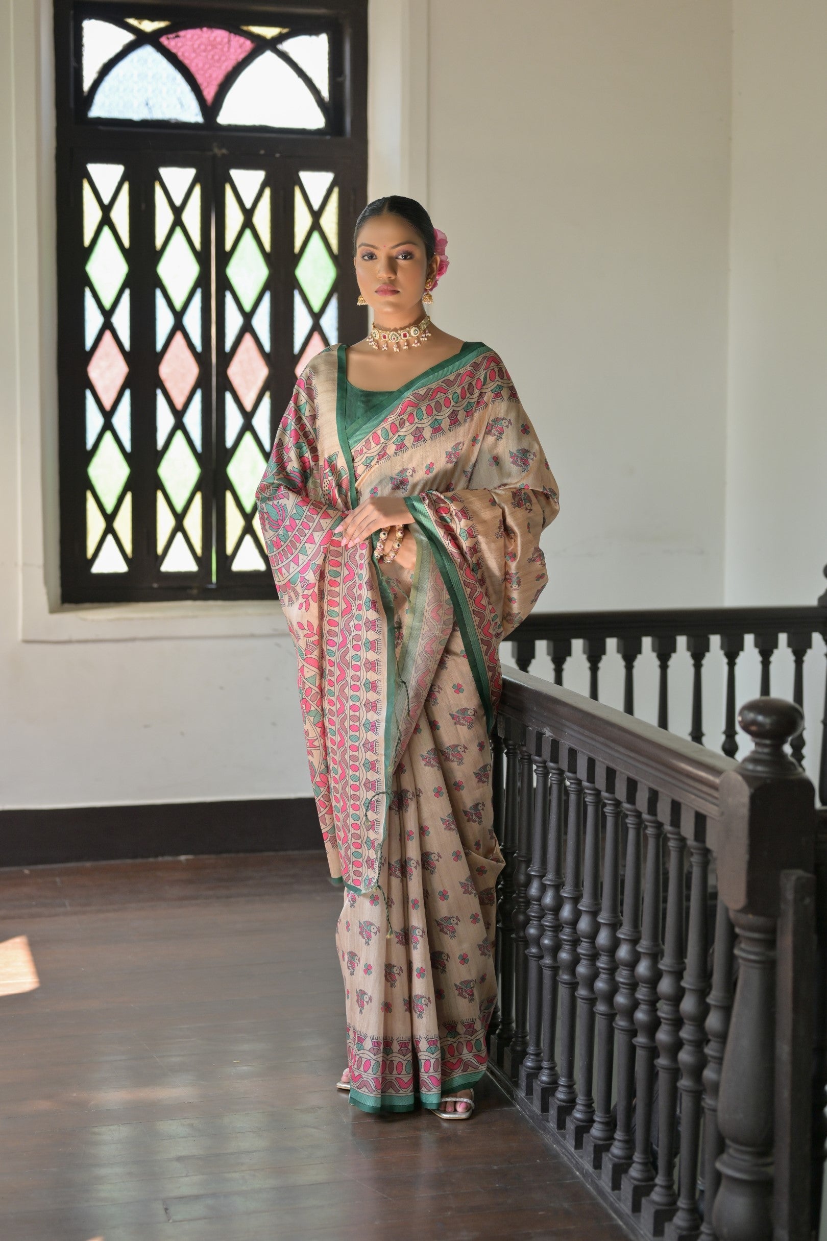 Jyoti Fashion Women's Green Soft Tussar Silk Printed Designer Saree with Blouse | Swadesiicart