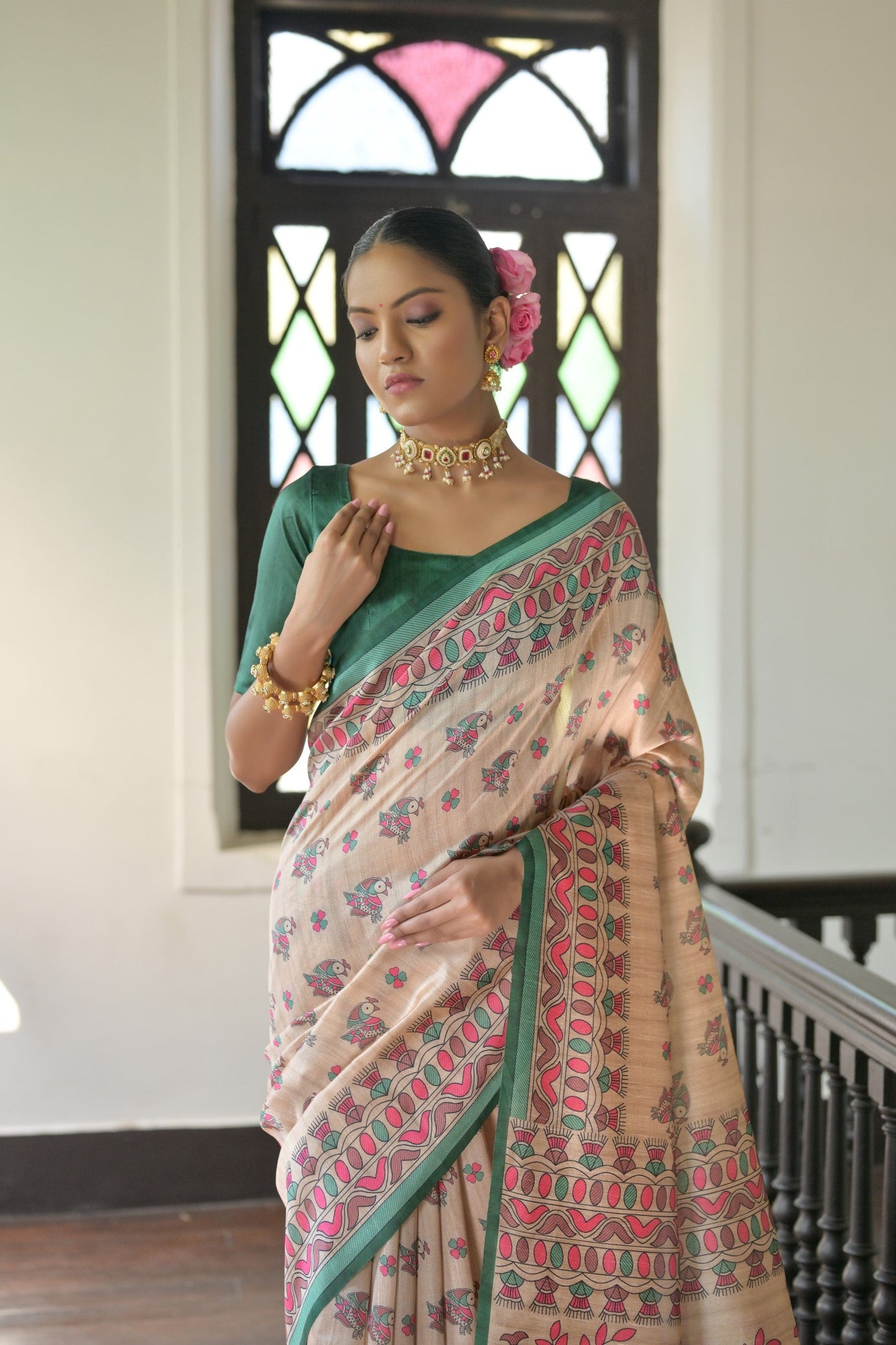 Jyoti Fashion Women's Green Soft Tussar Silk Printed Designer Saree with Blouse | Swadesiicart