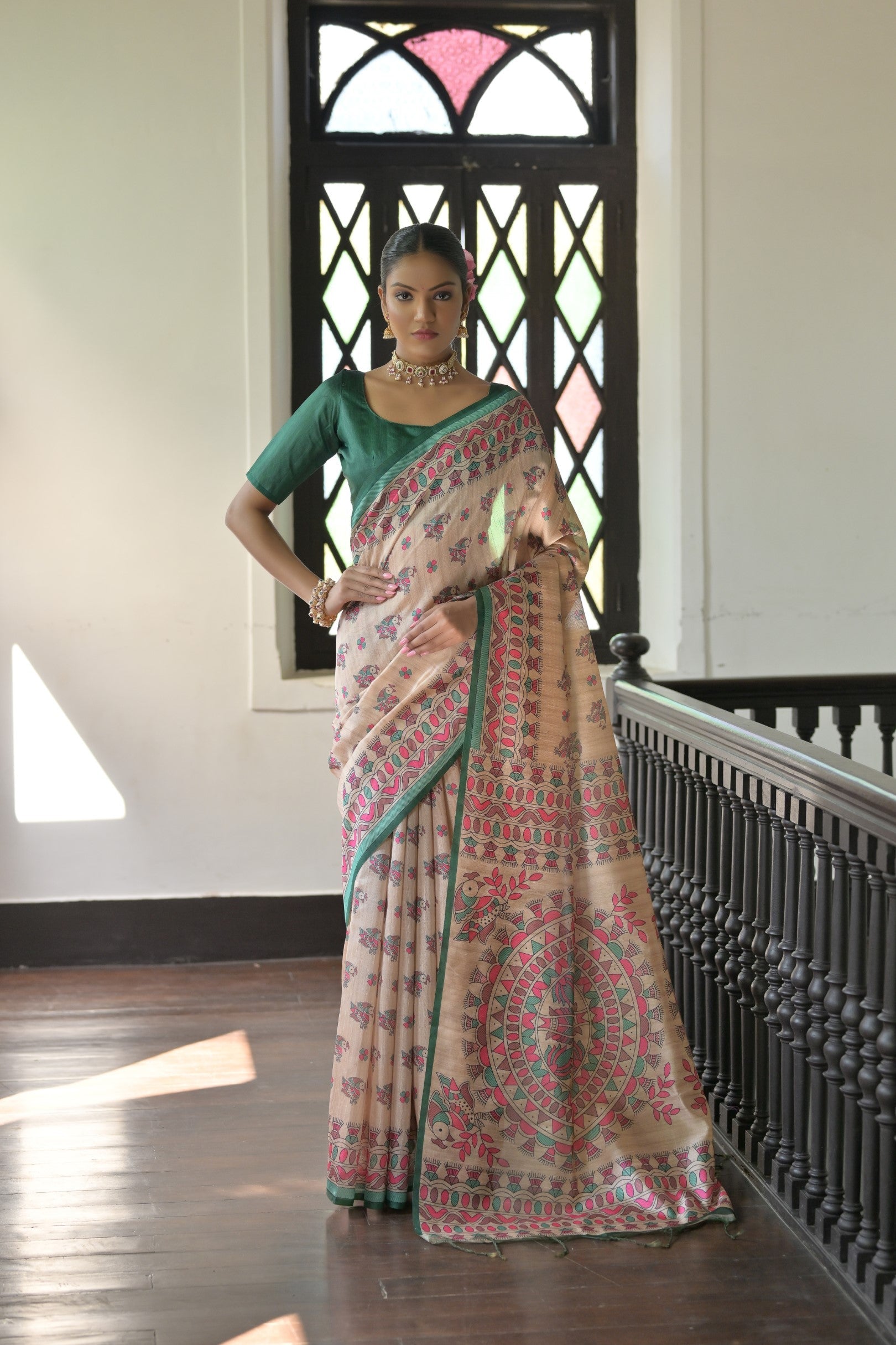 Jyoti Fashion Women's Green Soft Tussar Silk Printed Designer Saree with Blouse | Swadesiicart