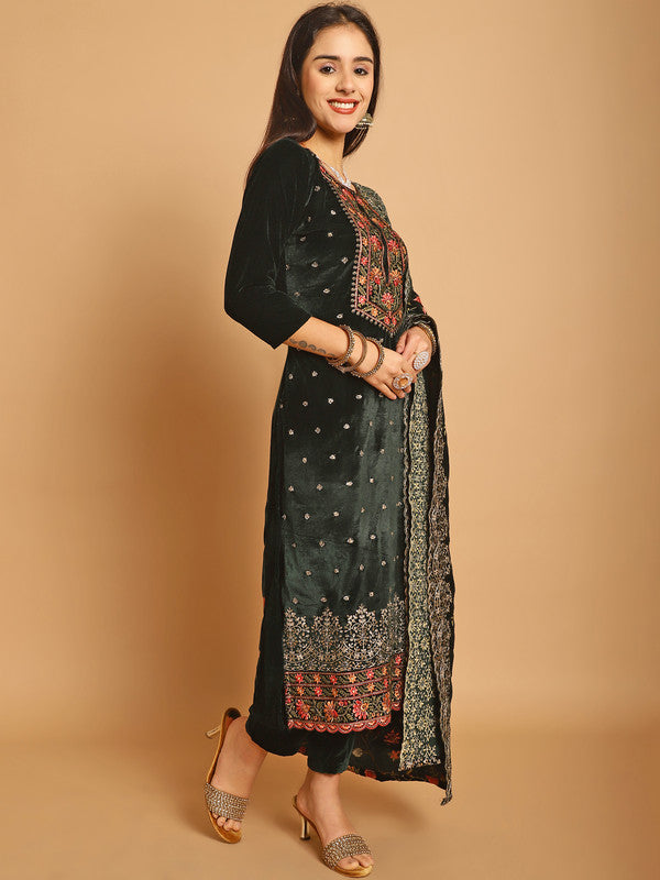 Jyoti Fashion Women's Green Velvet Floral Resham Thread with Jari & Sequince work Designer Straight Suit Set | Swadesiicart