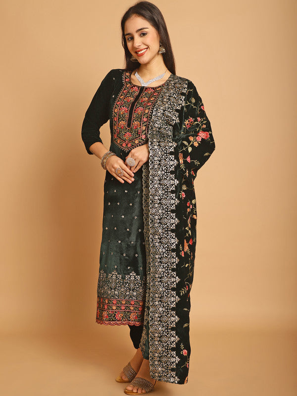 Jyoti Fashion Women's Green Velvet Floral Resham Thread with Jari & Sequince work Designer Straight Suit Set | Swadesiicart