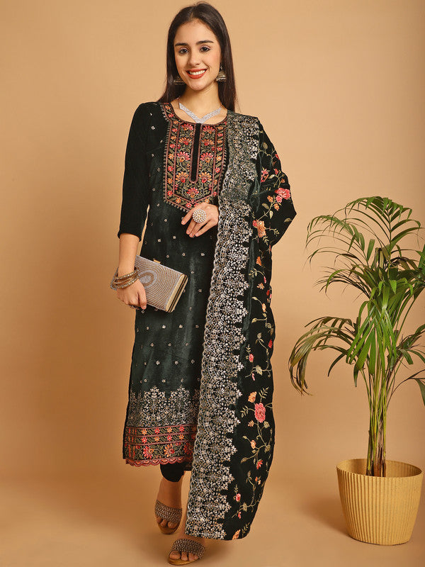Jyoti Fashion Women's Green Velvet Floral Resham Thread with Jari & Sequince work Designer Straight Suit Set | Swadesiicart