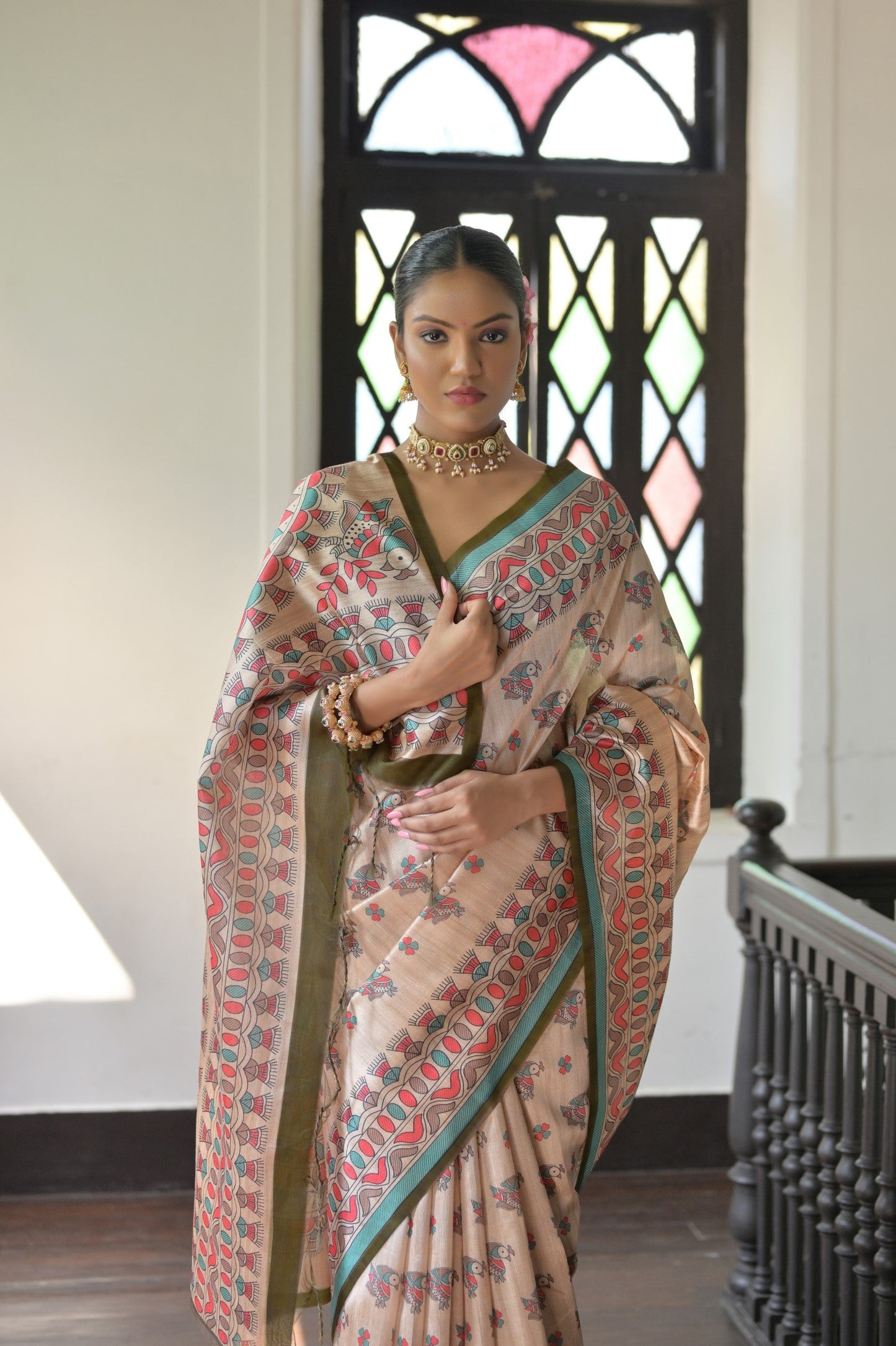 Jyoti Fashion Women's Mehendi Soft Tussar Silk Printed Designer Saree with Blouse | Swadesiicart