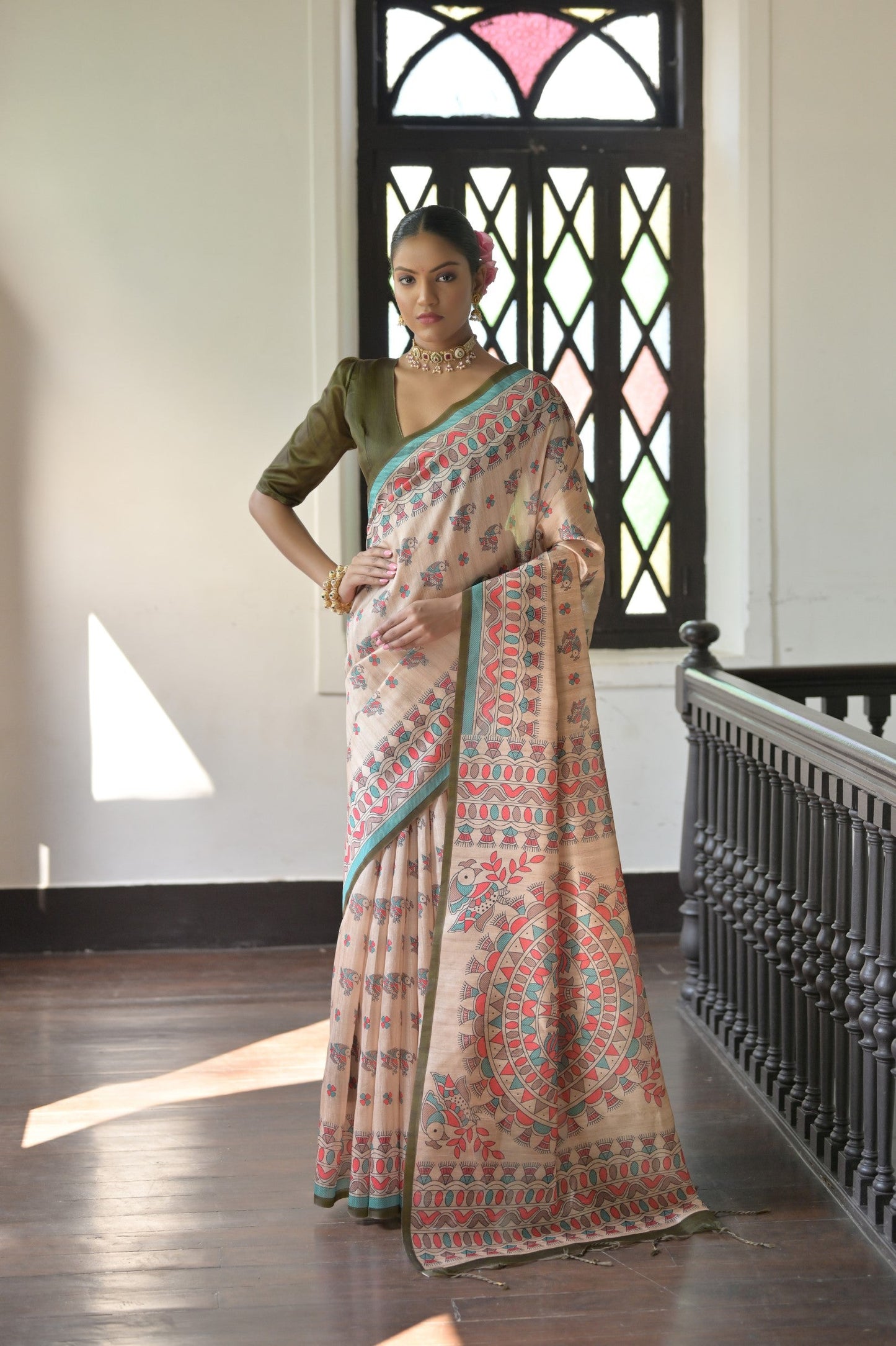 Jyoti Fashion Women's Mehendi Soft Tussar Silk Printed Designer Saree with Blouse | Swadesiicart