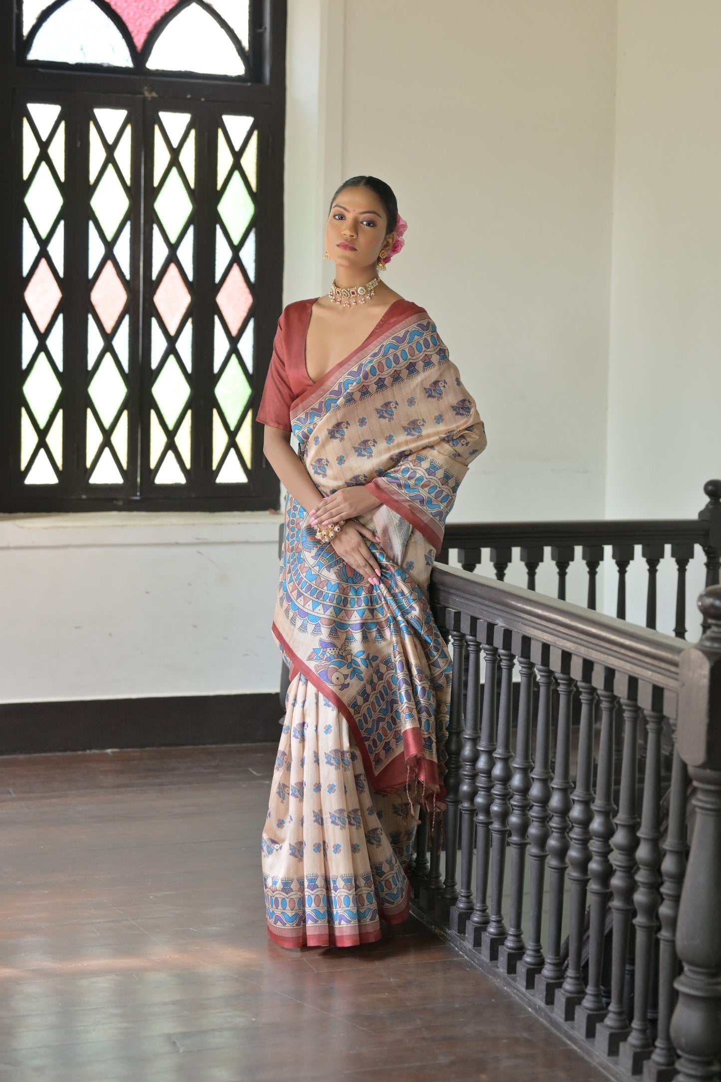 Jyoti Fashion Women's Red Soft Tussar Silk Printed Designer Saree with Blouse | Swadesiicart