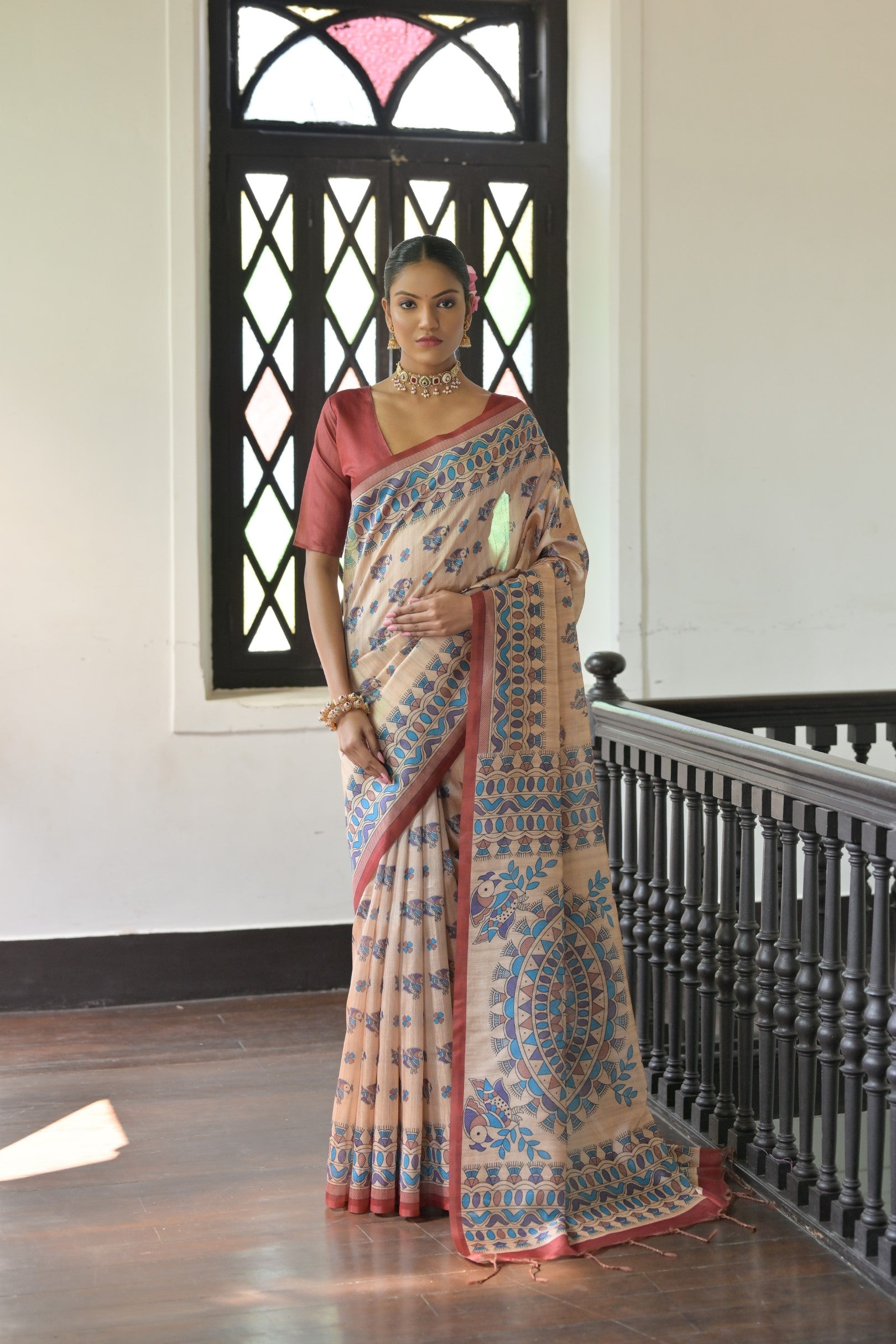 Jyoti Fashion Women's Red Soft Tussar Silk Printed Designer Saree with Blouse | Swadesiicart