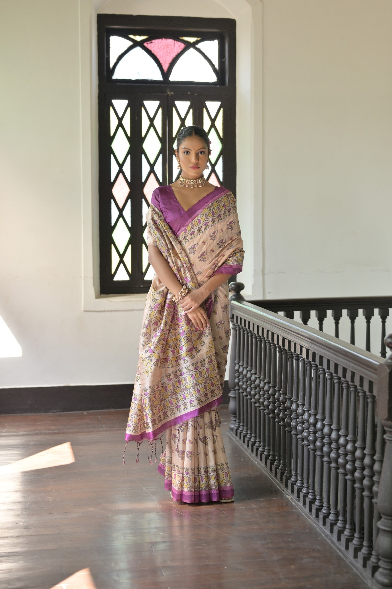 Jyoti Fashion Women's Wine Soft Tussar Silk Printed Designer Saree with Blouse | Swadesiicart