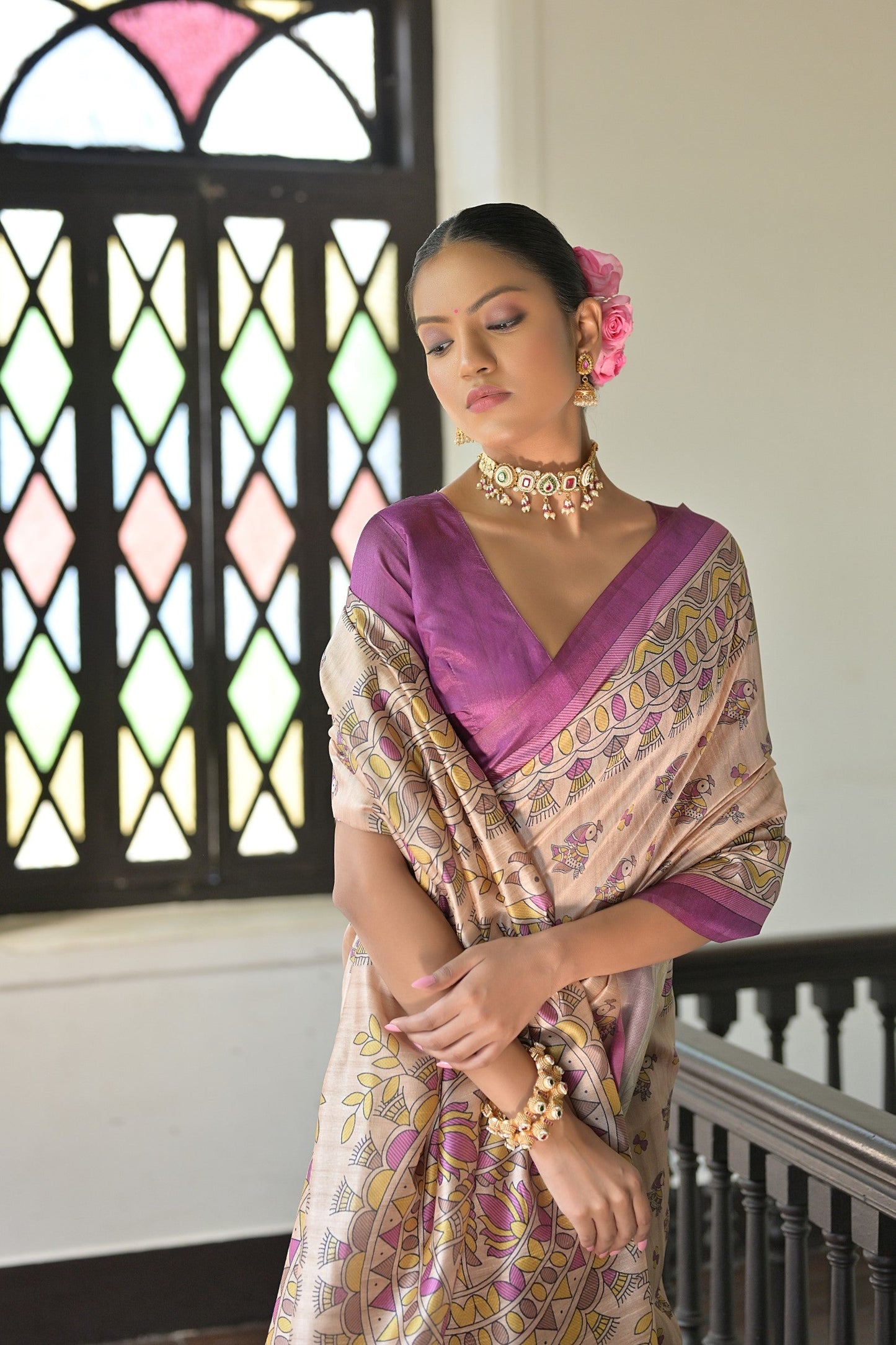 Jyoti Fashion Women's Wine Soft Tussar Silk Printed Designer Saree with Blouse | Swadesiicart