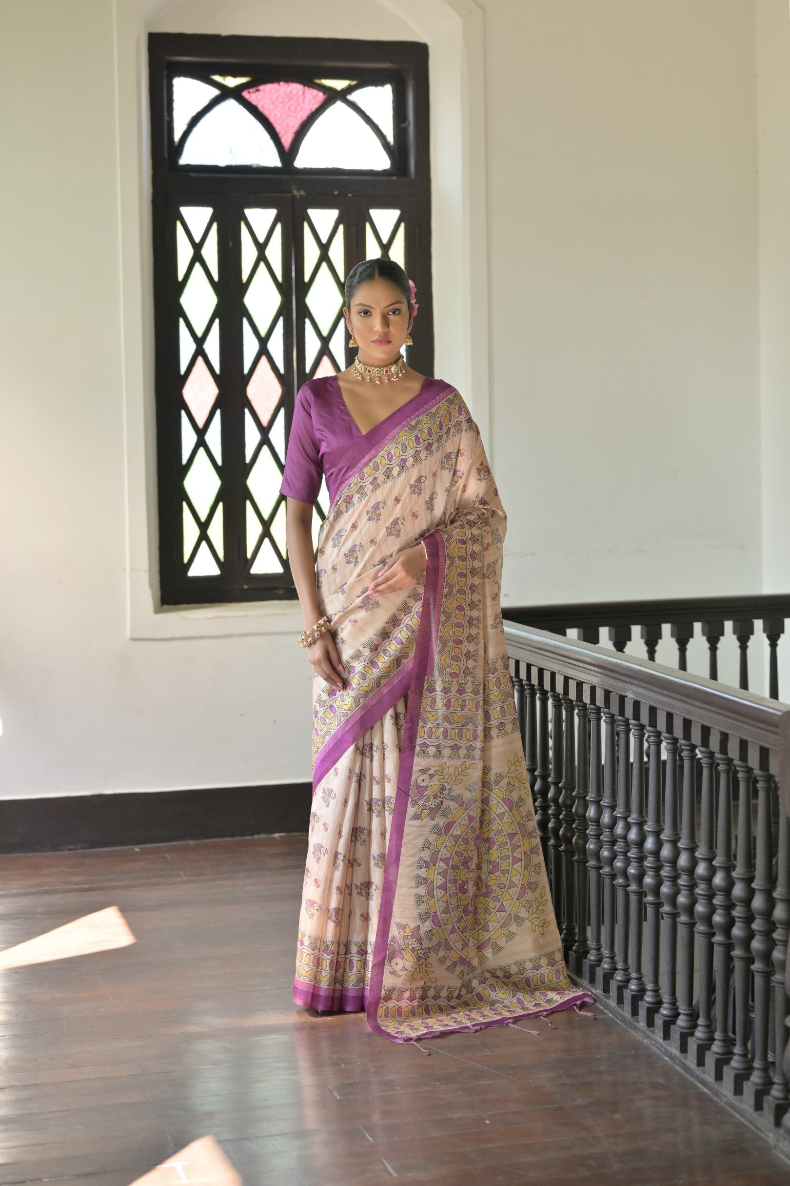 Jyoti Fashion Women's Wine Soft Tussar Silk Printed Designer Saree with Blouse | Swadesiicart