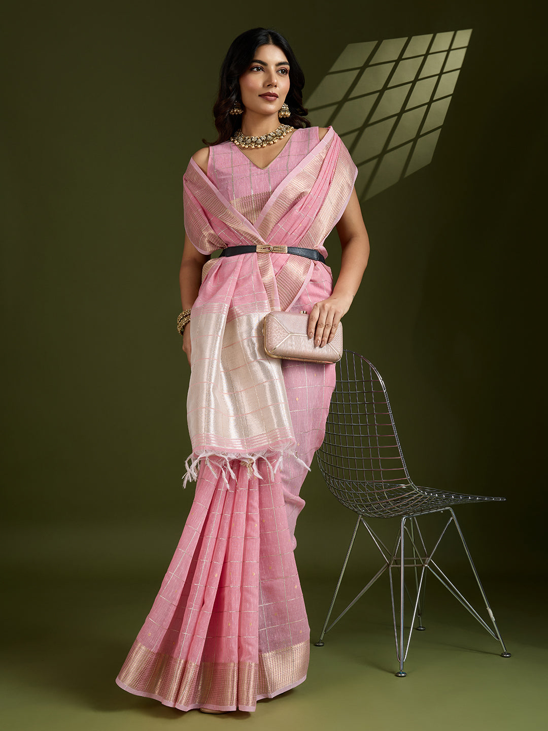 Jyoti Fashion Women's Pink Tissue Linen Silk Zari Woven Designer Saree with Blouse | Swadesiicart