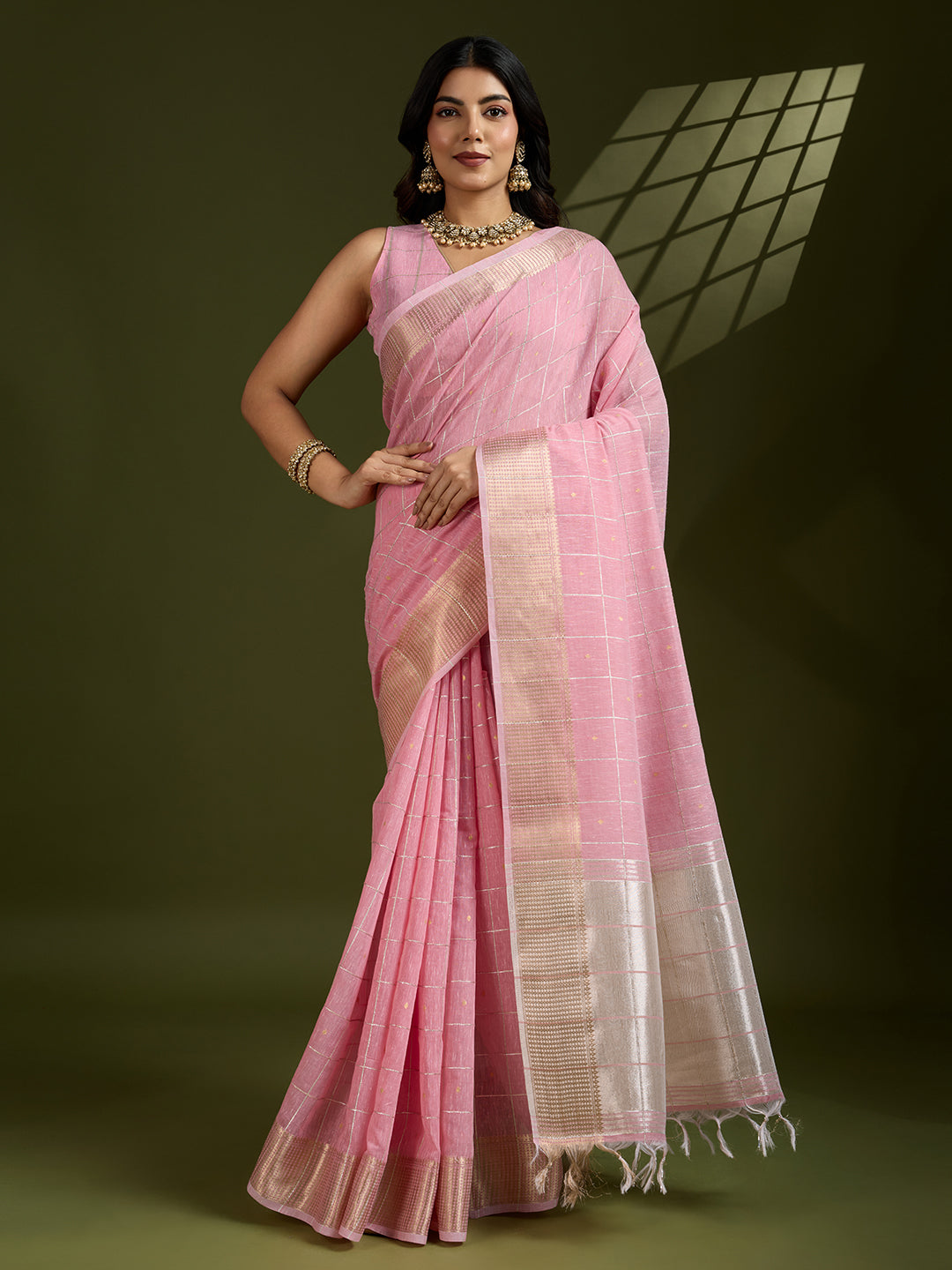 Jyoti Fashion Women's Pink Tissue Linen Silk Zari Woven Designer Saree with Blouse | Swadesiicart
