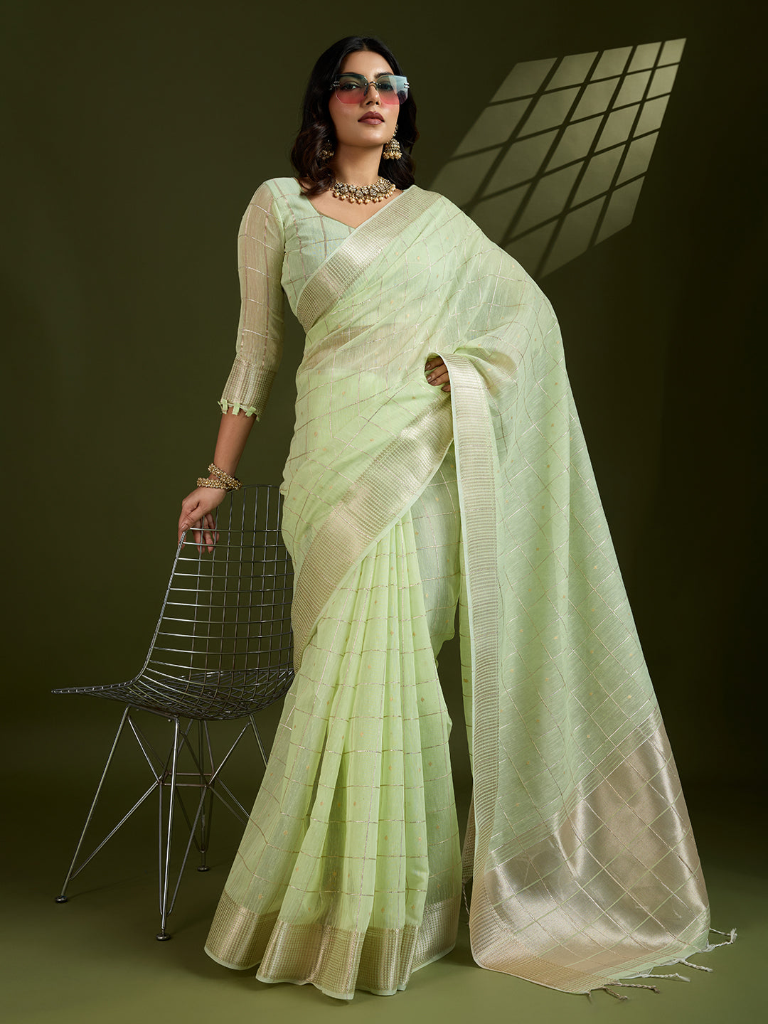Jyoti Fashion Women's Sea Green Tissue Linen Silk Zari Woven Designer Saree with Blouse | Swadesiicart
