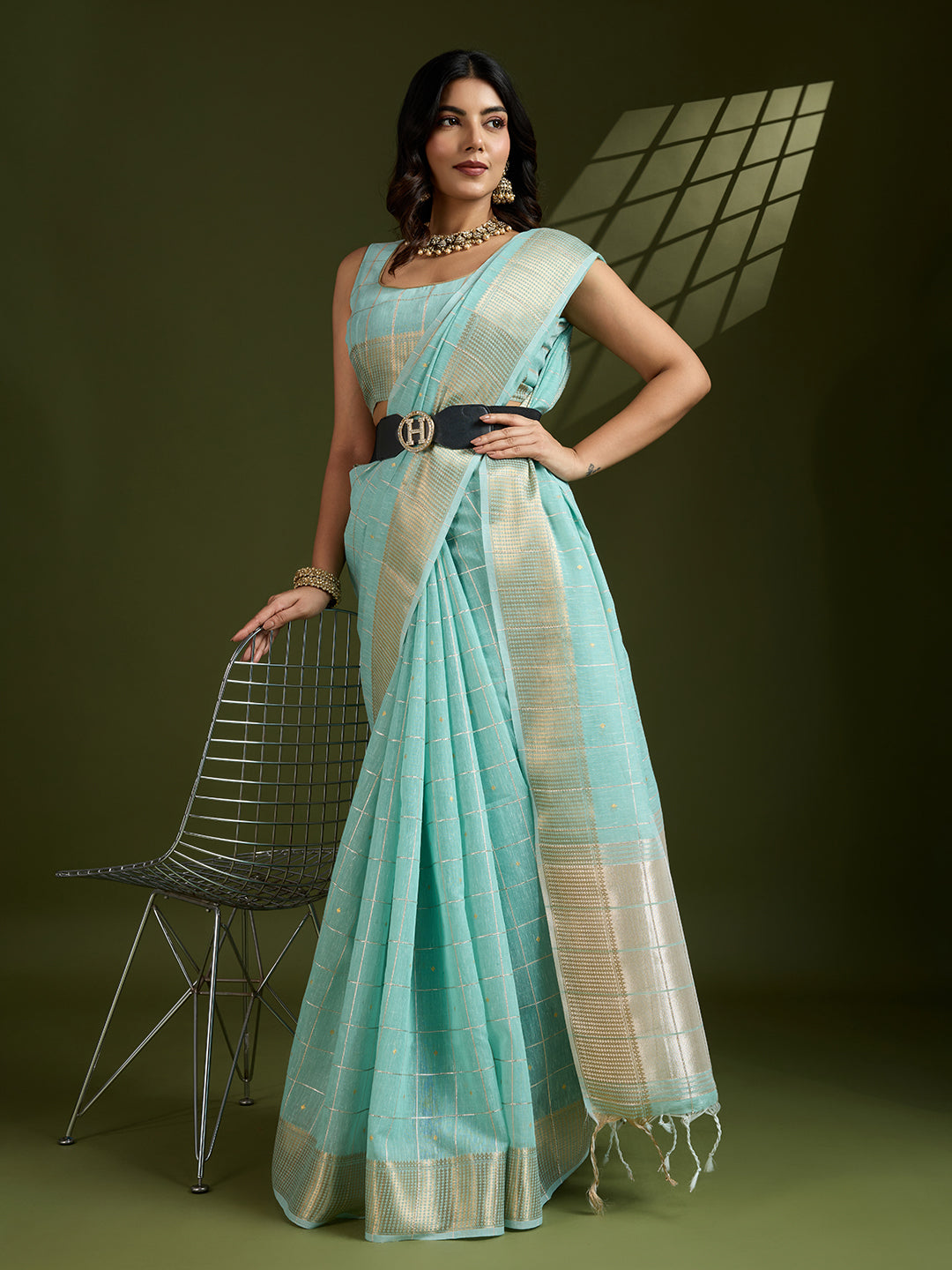 Jyoti Fashion Women's Sky Blue Tissue Linen Silk Zari Woven Designer Saree with Blouse | Swadesiicart