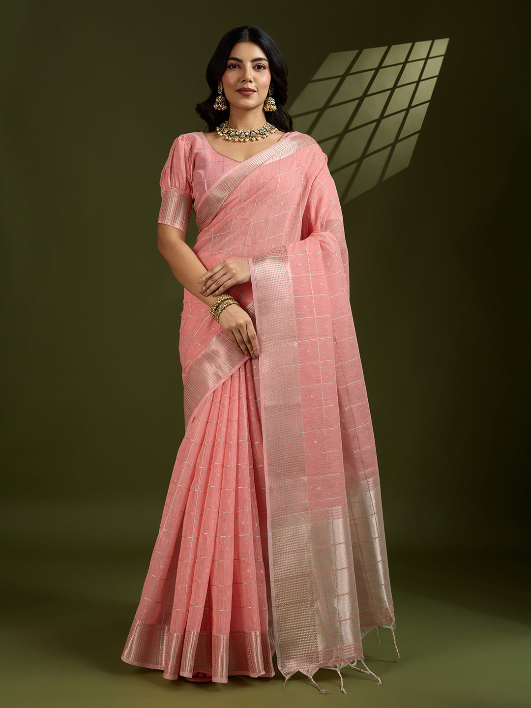 Jyoti Fashion Women's Peach Tissue Linen Silk Zari Woven Designer Saree with Blouse | Swadesiicart
