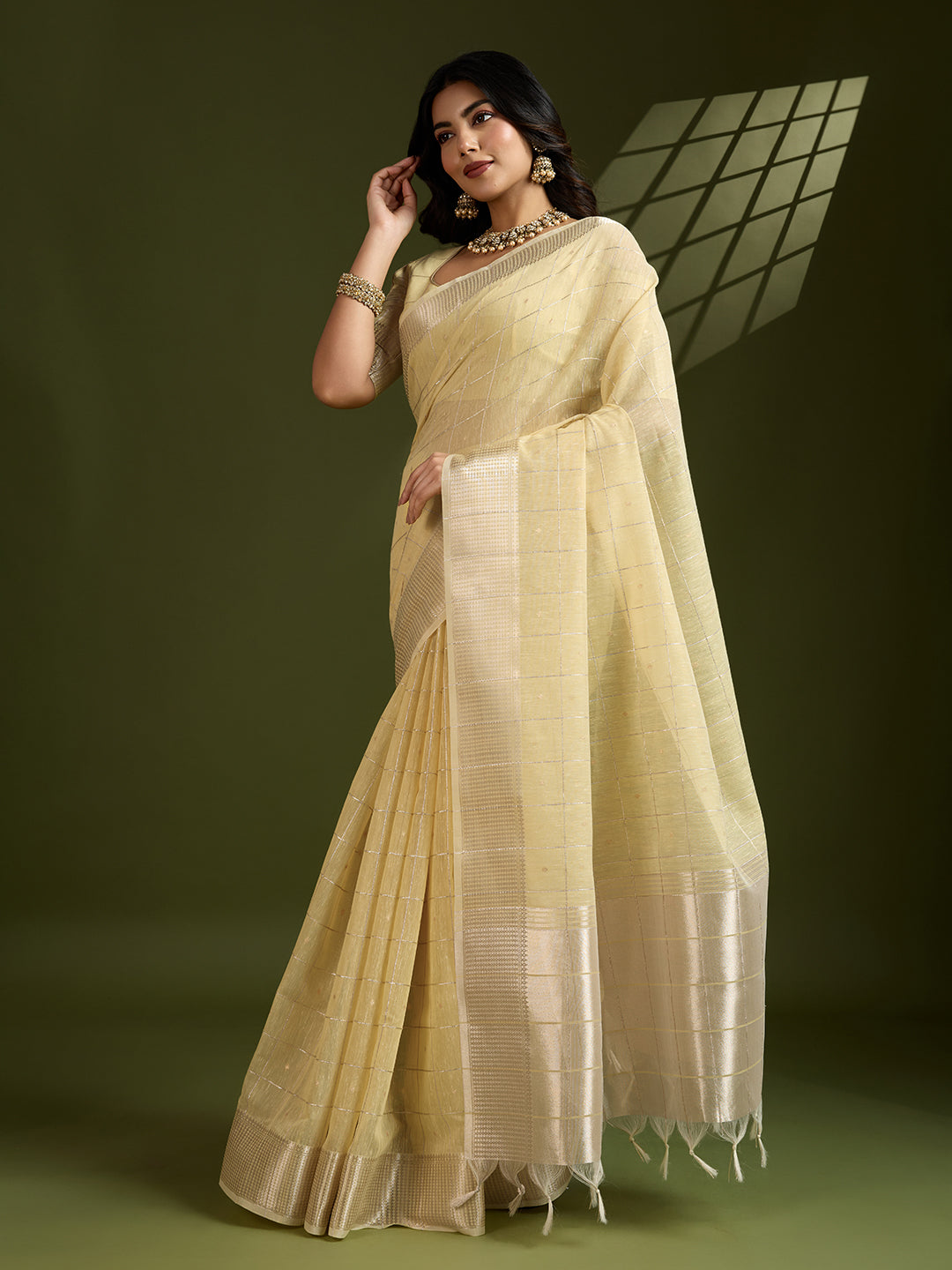 Jyoti Fashion Women's Light Yellow Tissue Linen Silk Zari Woven Designer Saree with Blouse | Swadesiicart