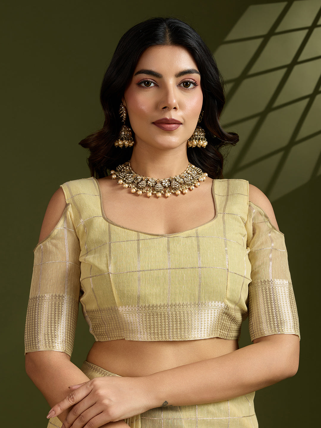 Jyoti Fashion Women's Light Yellow Tissue Linen Silk Zari Woven Designer Saree with Blouse | Swadesiicart