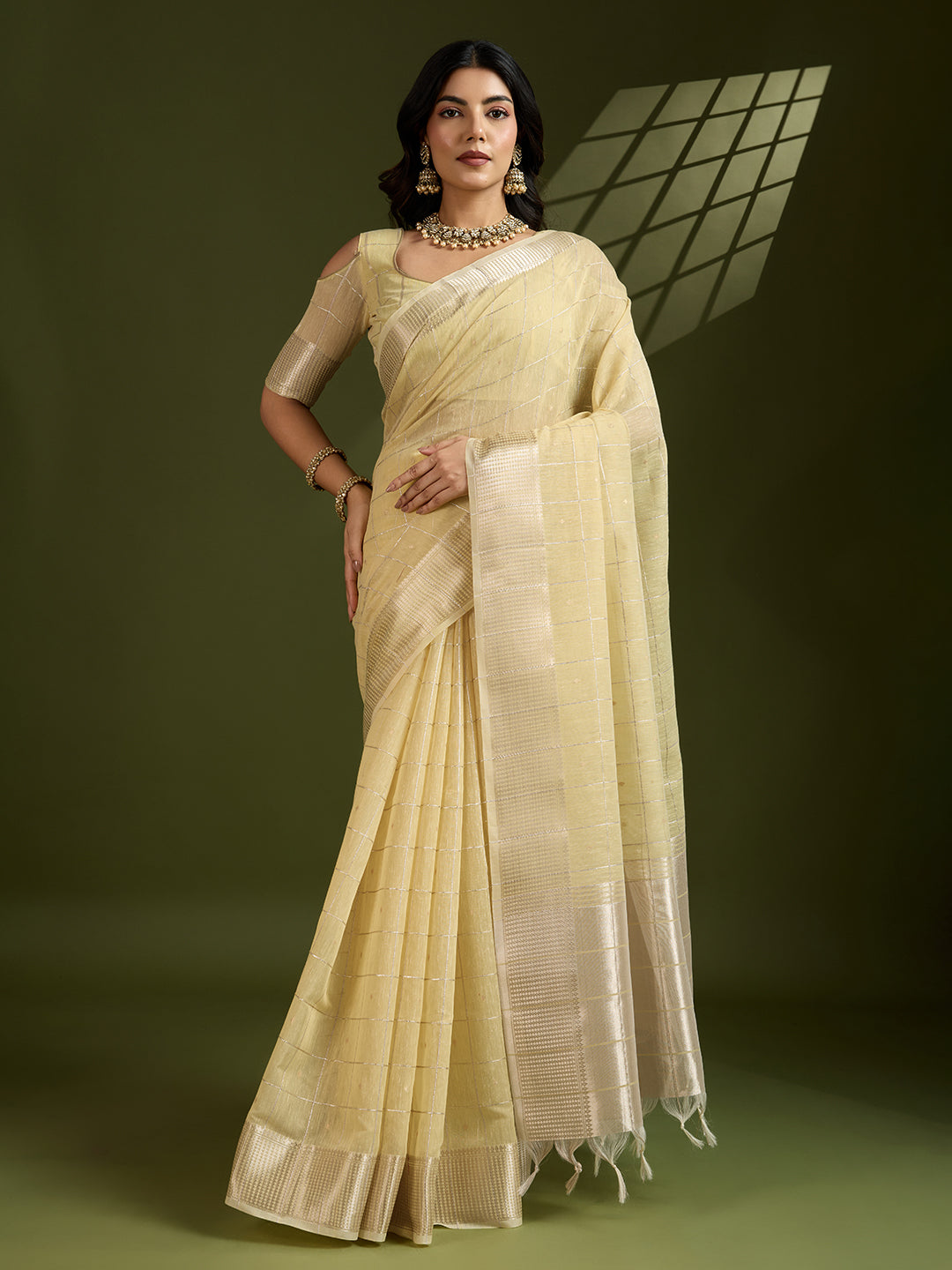 Jyoti Fashion Women's Light Yellow Tissue Linen Silk Zari Woven Designer Saree with Blouse | Swadesiicart