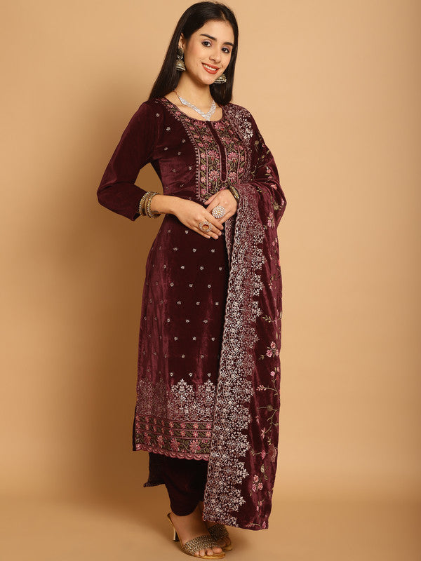 Jyoti Fashion Women's Maroon Velvet Floral Resham Thread with Jari & Sequince work Designer Straight Suit Set | Swadesiicart
