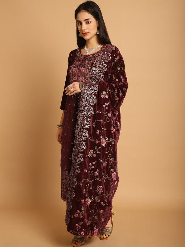 Jyoti Fashion Women's Maroon Velvet Floral Resham Thread with Jari & Sequince work Designer Straight Suit Set | Swadesiicart