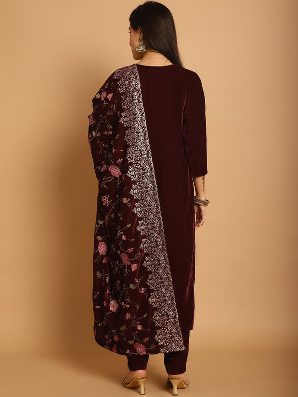 Jyoti Fashion Women's Maroon Velvet Floral Resham Thread with Jari & Sequince work Designer Straight Suit Set | Swadesiicart