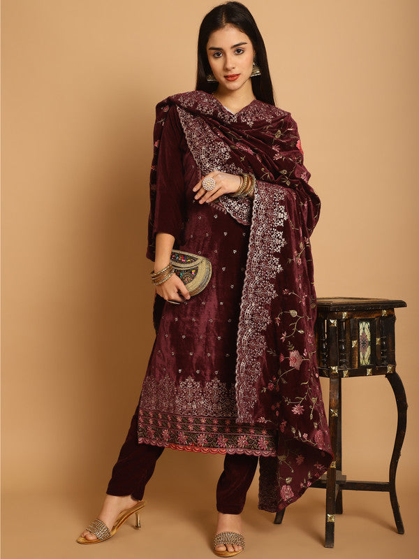 Jyoti Fashion Women's Maroon Velvet Floral Resham Thread with Jari & Sequince work Designer Straight Suit Set | Swadesiicart