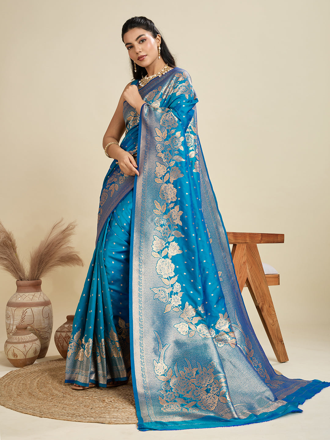 Jyoti Fashion Women's Blue Soft Kanjivaram Silk Zari Woven Designer Saree with Blouse | Swadesiicart