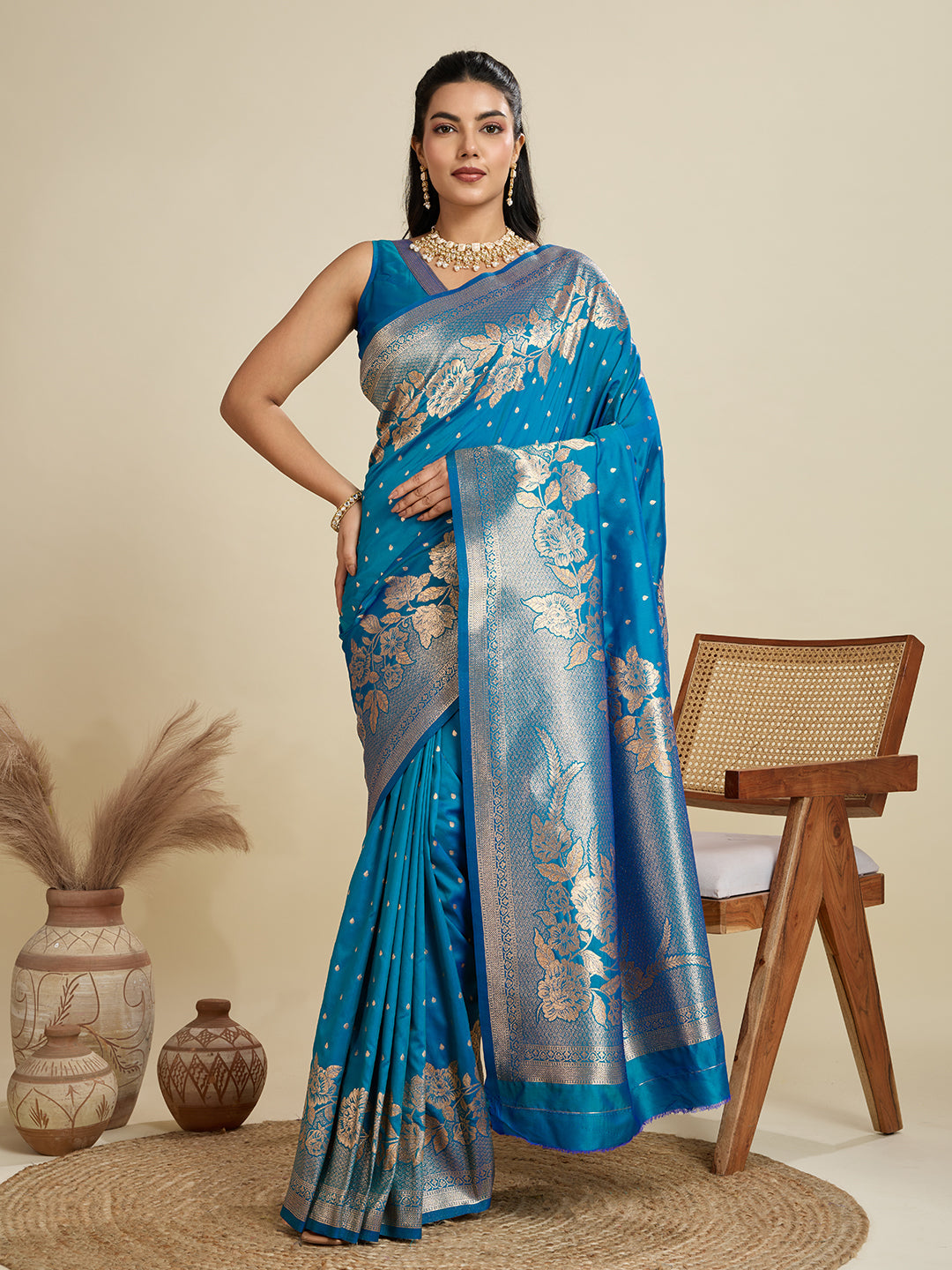 Jyoti Fashion Women's Blue Soft Kanjivaram Silk Zari Woven Designer Saree with Blouse | Swadesiicart