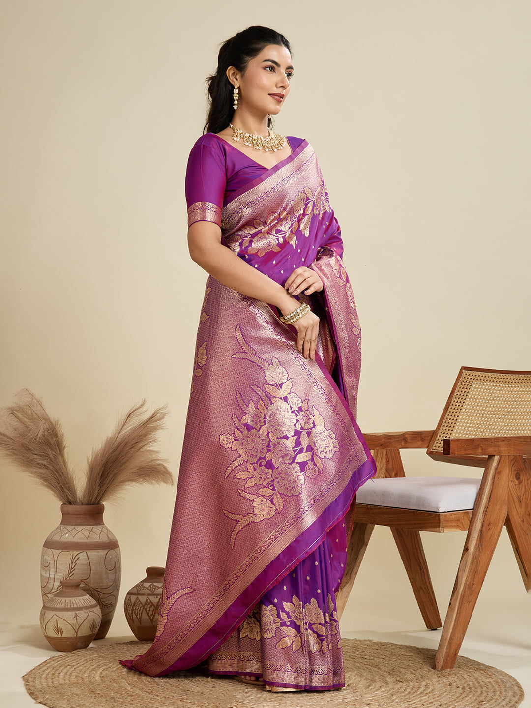 Jyoti Fashion Women's Purple Soft Kanjivaram Silk Zari Woven Designer Saree with Blouse | Swadesiicart