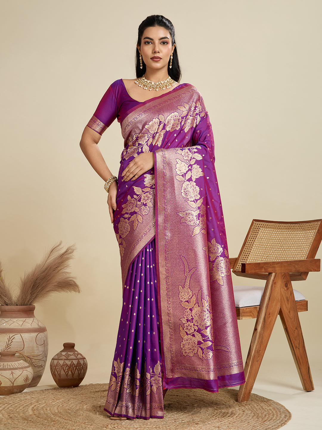 Jyoti Fashion Women's Purple Soft Kanjivaram Silk Zari Woven Designer Saree with Blouse | Swadesiicart