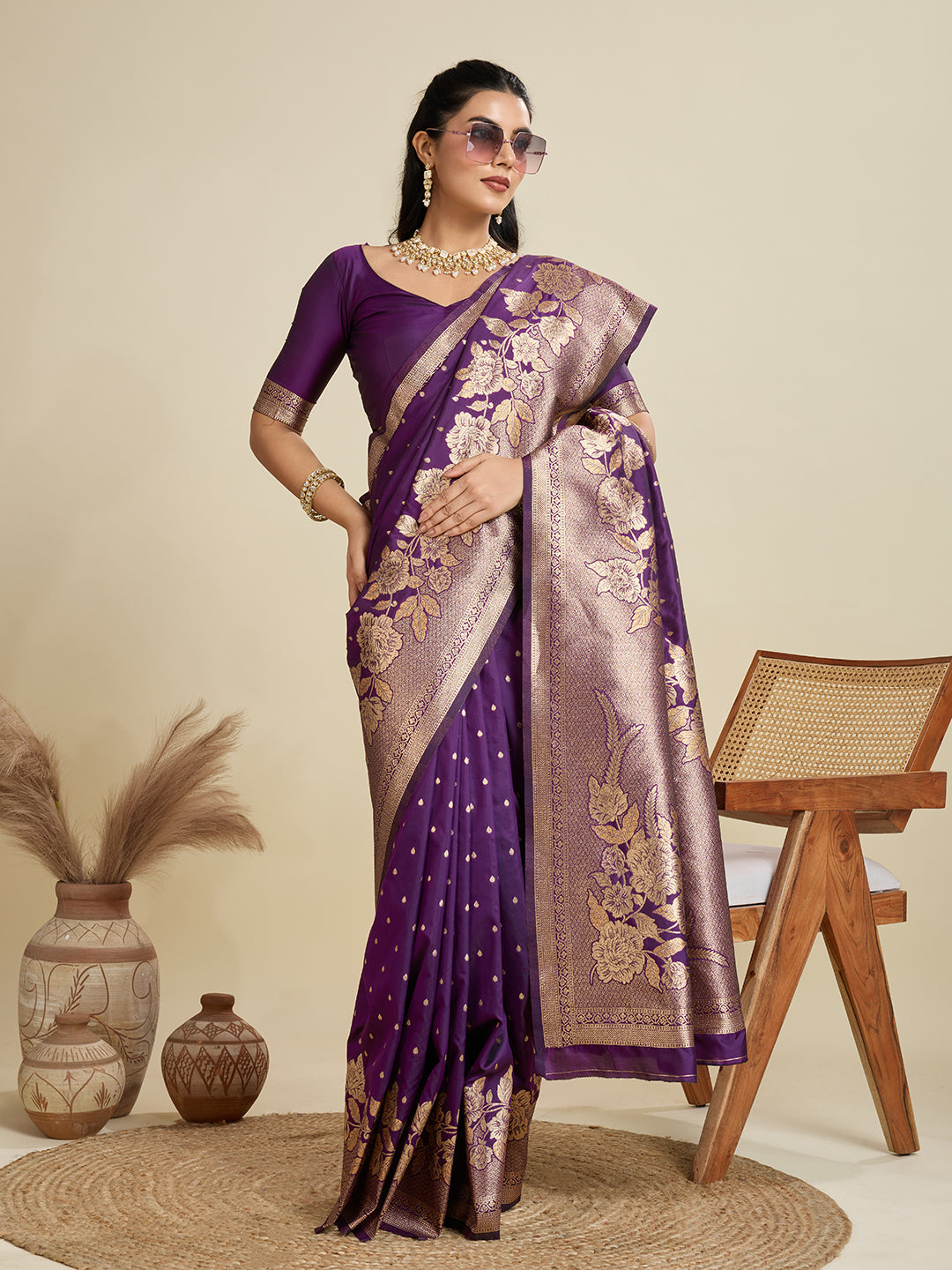 Jyoti Fashion Women's Wine Soft Kanjivaram Silk Zari Woven Designer Saree with Blouse | Swadesiicart