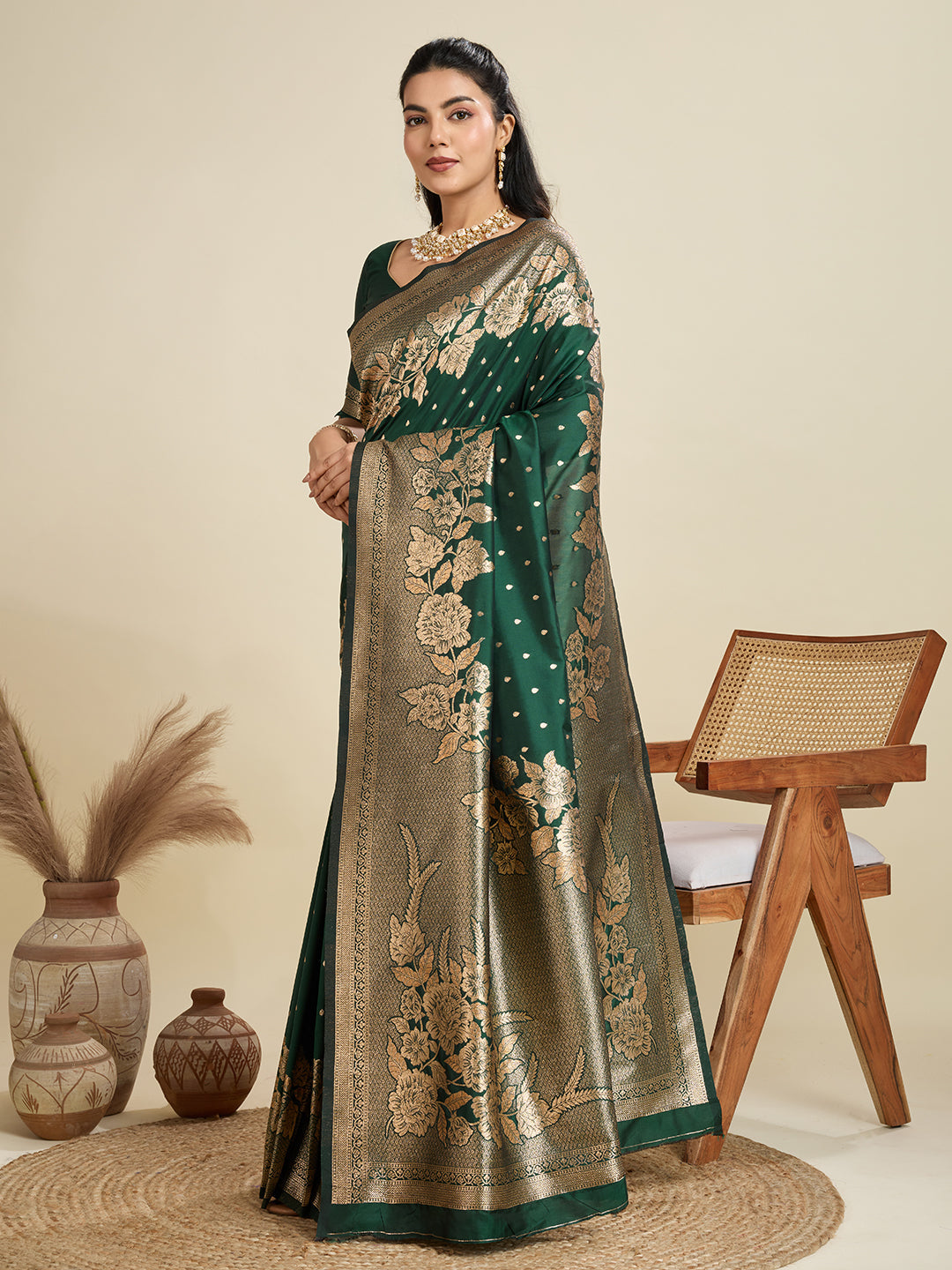 Jyoti Fashion Women's Bottle Green Soft Kanjivaram Silk Zari Woven Designer Saree with Blouse | Swadesiicart
