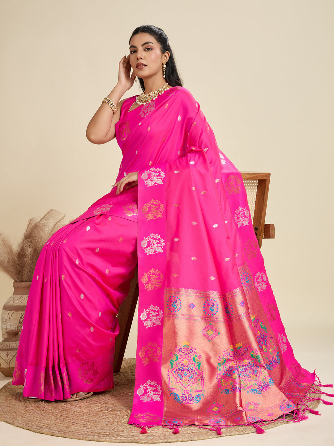 Jyoti Fashion Women's Pink Soft Kanjivaram Paithani Silk Zari Woven Designer Saree with Blouse | Swadesiicart