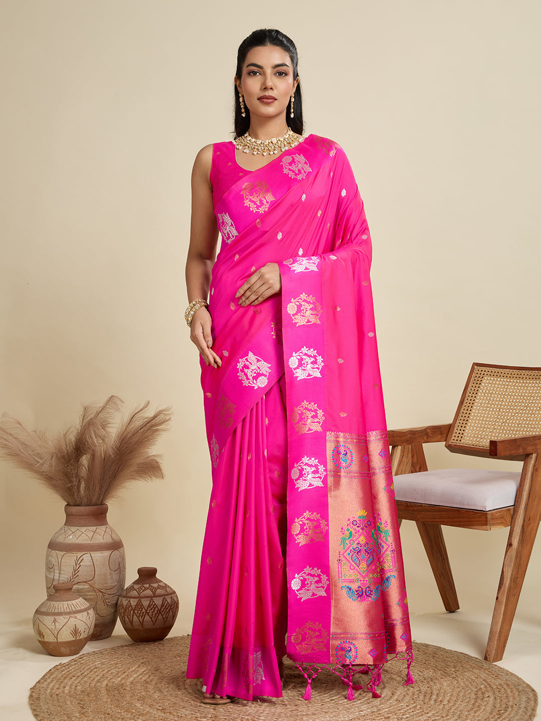 Jyoti Fashion Women's Pink Soft Kanjivaram Paithani Silk Zari Woven Designer Saree with Blouse | Swadesiicart