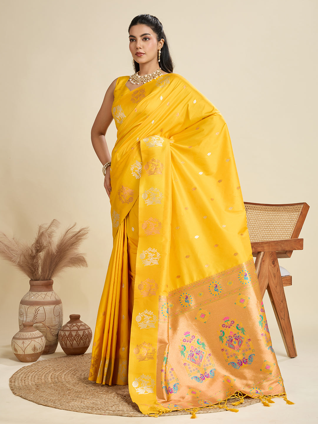 Jyoti Fashion Women's Yellow Soft Kanjivaram Paithani Silk Zari Woven Designer Saree with Blouse | Swadesiicart