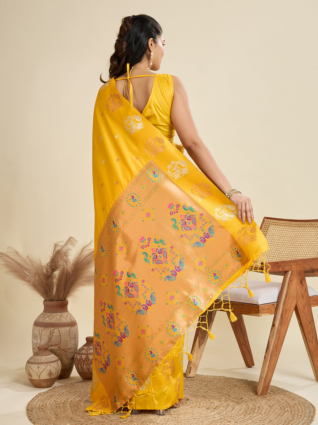 Jyoti Fashion Women's Yellow Soft Kanjivaram Paithani Silk Zari Woven Designer Saree with Blouse | Swadesiicart