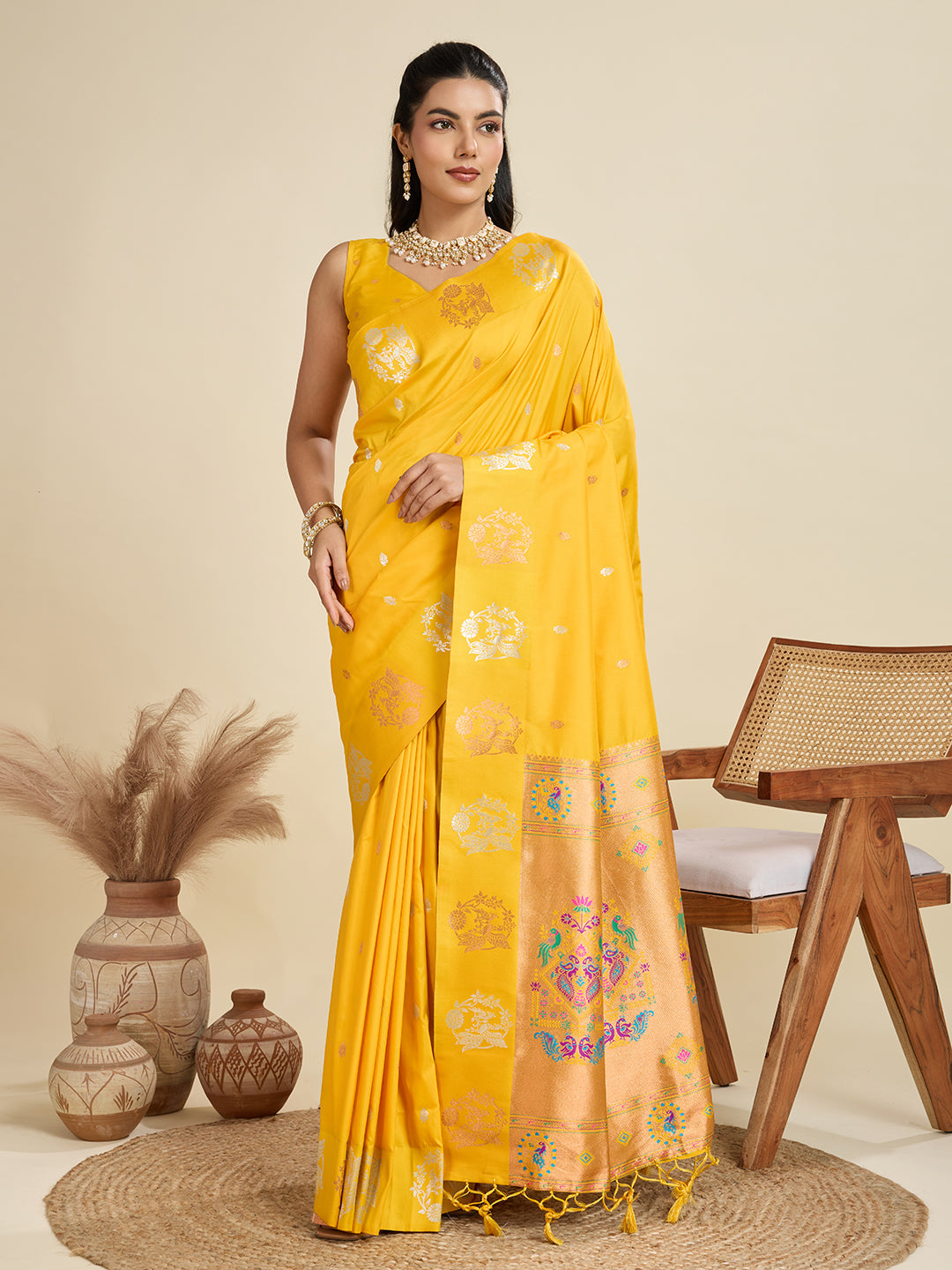 Jyoti Fashion Women's Yellow Soft Kanjivaram Paithani Silk Zari Woven Designer Saree with Blouse | Swadesiicart