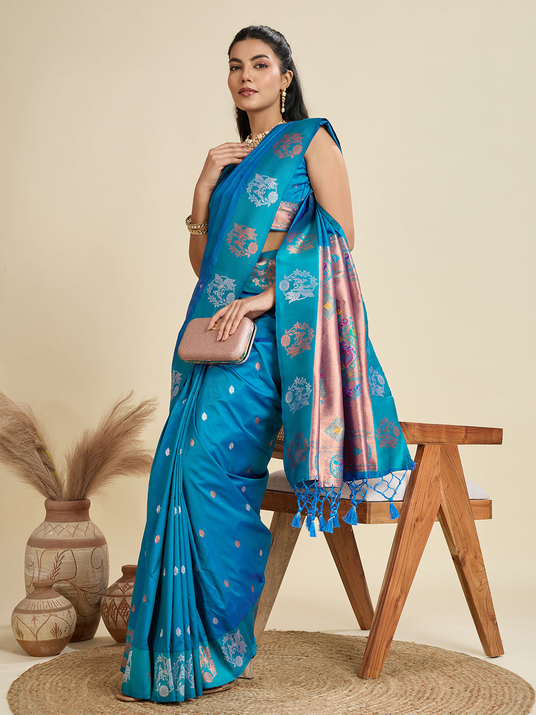 Jyoti Fashion Women's Sky Blue Soft Kanjivaram Paithani Silk Zari Woven Designer Saree with Blouse | Swadesiicart