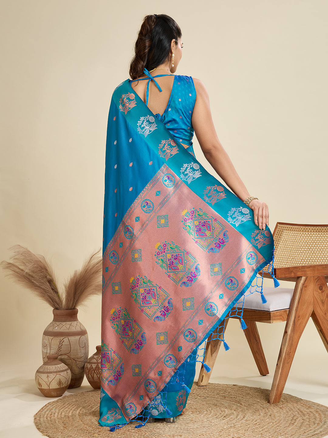 Jyoti Fashion Women's Sky Blue Soft Kanjivaram Paithani Silk Zari Woven Designer Saree with Blouse | Swadesiicart