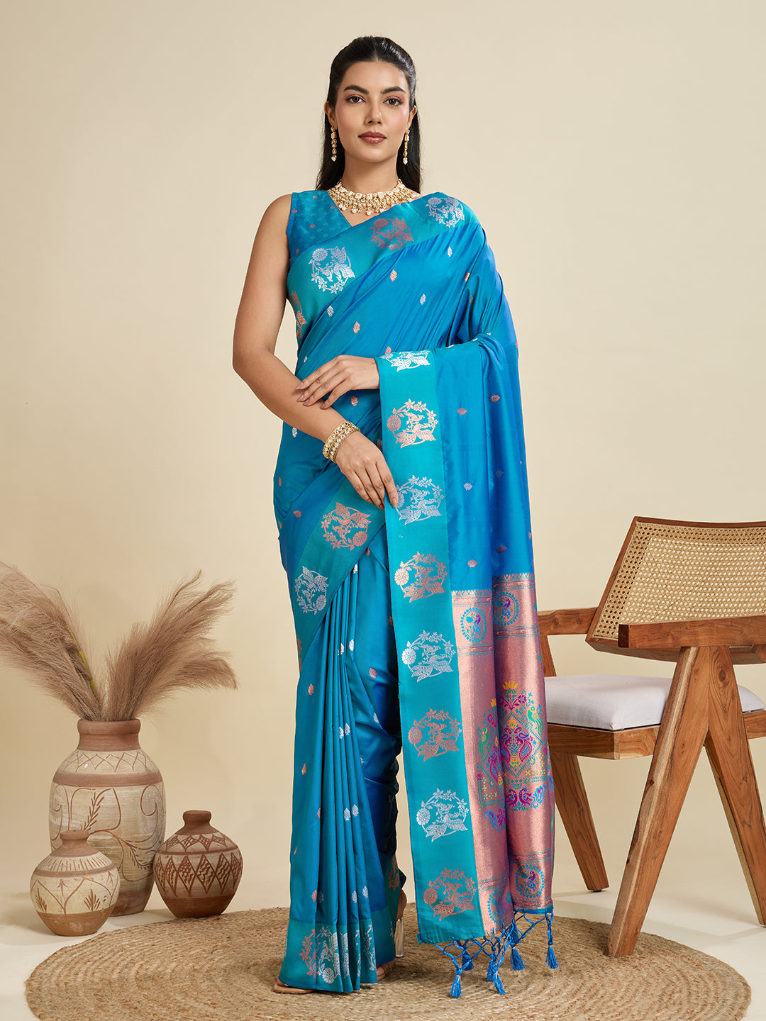 Jyoti Fashion Women's Sky Blue Soft Kanjivaram Paithani Silk Zari Woven Designer Saree with Blouse | Swadesiicart