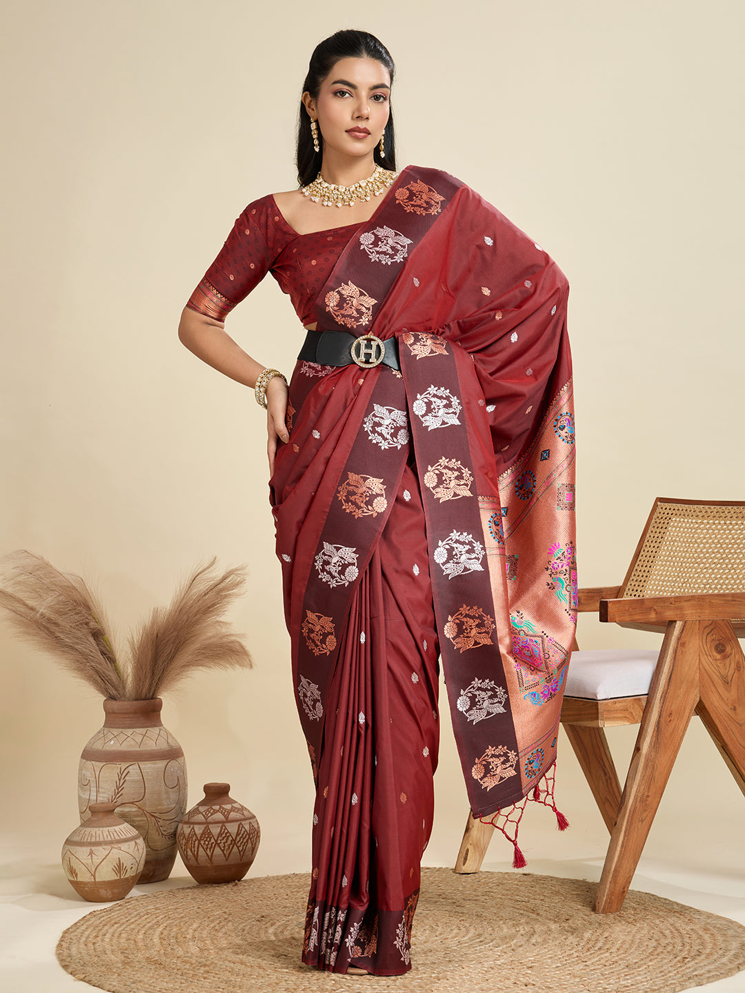 Jyoti Fashion Women's Maroon Soft Kanjivaram Paithani Silk Zari Woven Designer Saree with Blouse | Swadesiicart