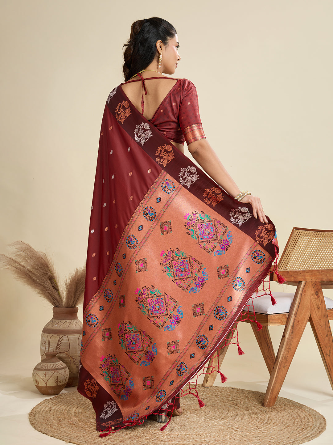 Jyoti Fashion Women's Maroon Soft Kanjivaram Paithani Silk Zari Woven Designer Saree with Blouse | Swadesiicart