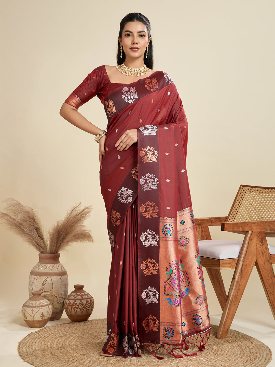 Jyoti Fashion Women's Maroon Soft Kanjivaram Paithani Silk Zari Woven Designer Saree with Blouse | Swadesiicart