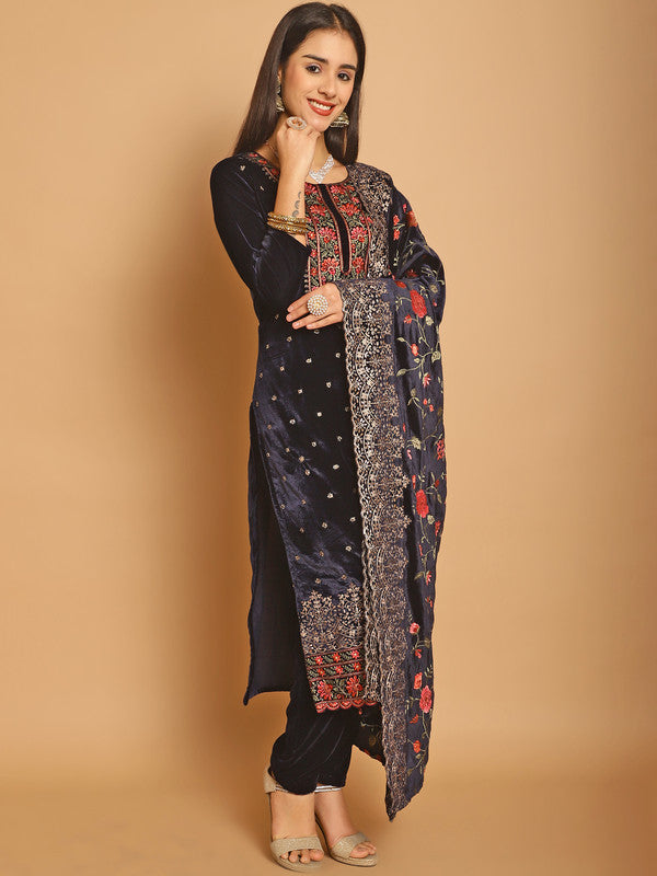 Jyoti Fashion Women's Navy Blue Velvet Floral Resham Thread with Jari & Sequince work Designer Straight Suit Set | Swadesiicart